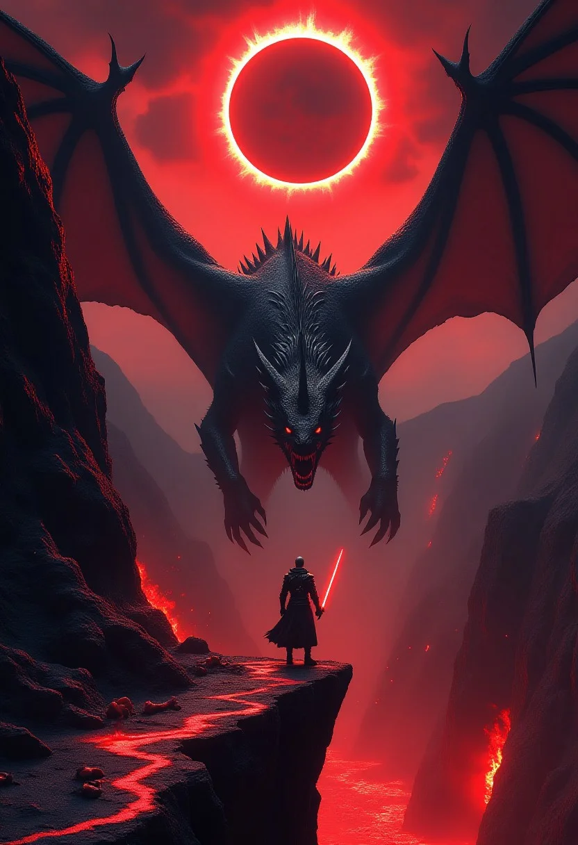 score_9, score_8_up, score_7_up, ultra detail, masterpiece, best quality, amazing quality, aidmamj6.1, Over-the-shoulder view from a massive dark dragon with wide, spiked wings and obsidian scales, looking down at a lone armored warrior standing on a cliff below, holding a glowing sword. The warrior is small in comparison, but stands defiantly. The landscape is a hellish volcanic terrain with red mist, burning lava fissures, and scattered bones. A blood-red eclipse glows in the sky, casting eerie shadows. Dramatic lighting, intense atmosphere, cinematic dark fantasy style, vertical epic composition, inspired by Dark Souls and Berserk.