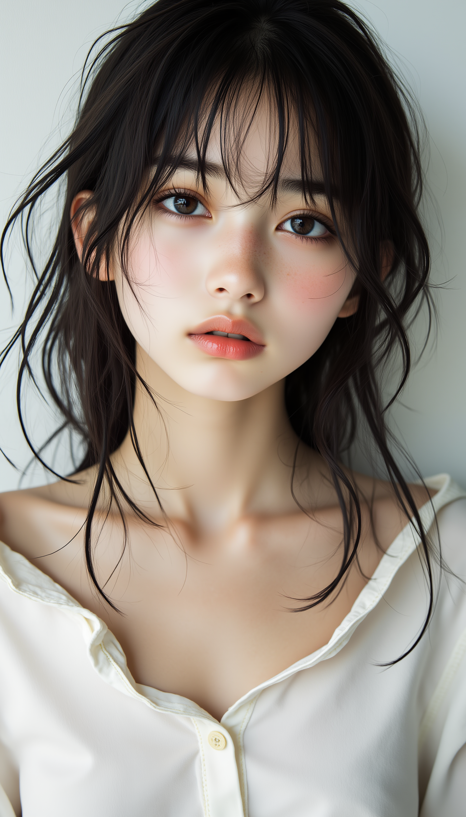 A teenage Japanese girl with delicate yet defined facial features, possessing large, innocent eyes that command attention. Her natural beauty is highlighted by soft, natural lighting, which adds a gentle glow to her smooth skin and glossy hair. Her eyes convey both vulnerability and strength, drawing the viewer in and leaving a lasting impression. The background is minimalist, ensuring that all focus remains on her striking features. Her outfit is modern and sophisticated, complementing her youthful elegance with a subtle, stylish touch, midjourney_whisper_innocent_eyes,  <lora:midjourney_whisper_innocent_eyes_v01:1>,