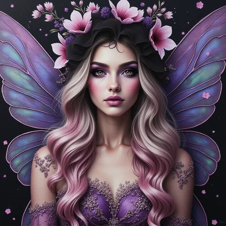 oil painting portrait in the style of Keith Garvey, a boujee fairy, with large iridescent wings, with long, wavy pink and silver hair cascading down her shoulders. gorgeous eyes, with dark, dramatic purple eyeshadow and long, thick lashes. Her lips are painted a deep purple, She wears a purple spring dress with intricate patterns and a dark veil adorned with delicate purple and pink flowers. blossoms fall gently in the background, creating a mystical and ethereal atmosphere. starry bg <lora:Detailer2K:0.40> <lora:Dever_Flux_Enhancer:0.50> <lora:Midjourney_-_SemiReal_Dreams_FLUX_LoRA:0.45> <lora:rendered_face_test:0.45> <lora:TEST_1:0.50> <lora:OBååå®èåç»V2.0 semi realistic colored pencil potrait:0.55> <lora:Flux.Daddario:0.45> <lora:JessicaAlbaV1:0.45>