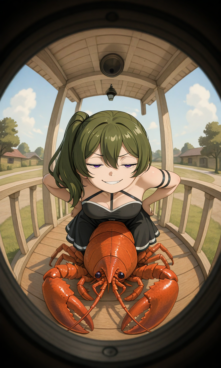 embedding:IllusP0s, pov peephole, riding lobster, fisheye, 1girl, solo, outdoors, ubel_\(sousou no frieren\), green hair, purple eyes, smug, leaning forward, hands on hips, grin, half-closed eyes,<lora:pov peephole_riding lobster_fisheye_illustrious.safetensors:1.0:1.0>