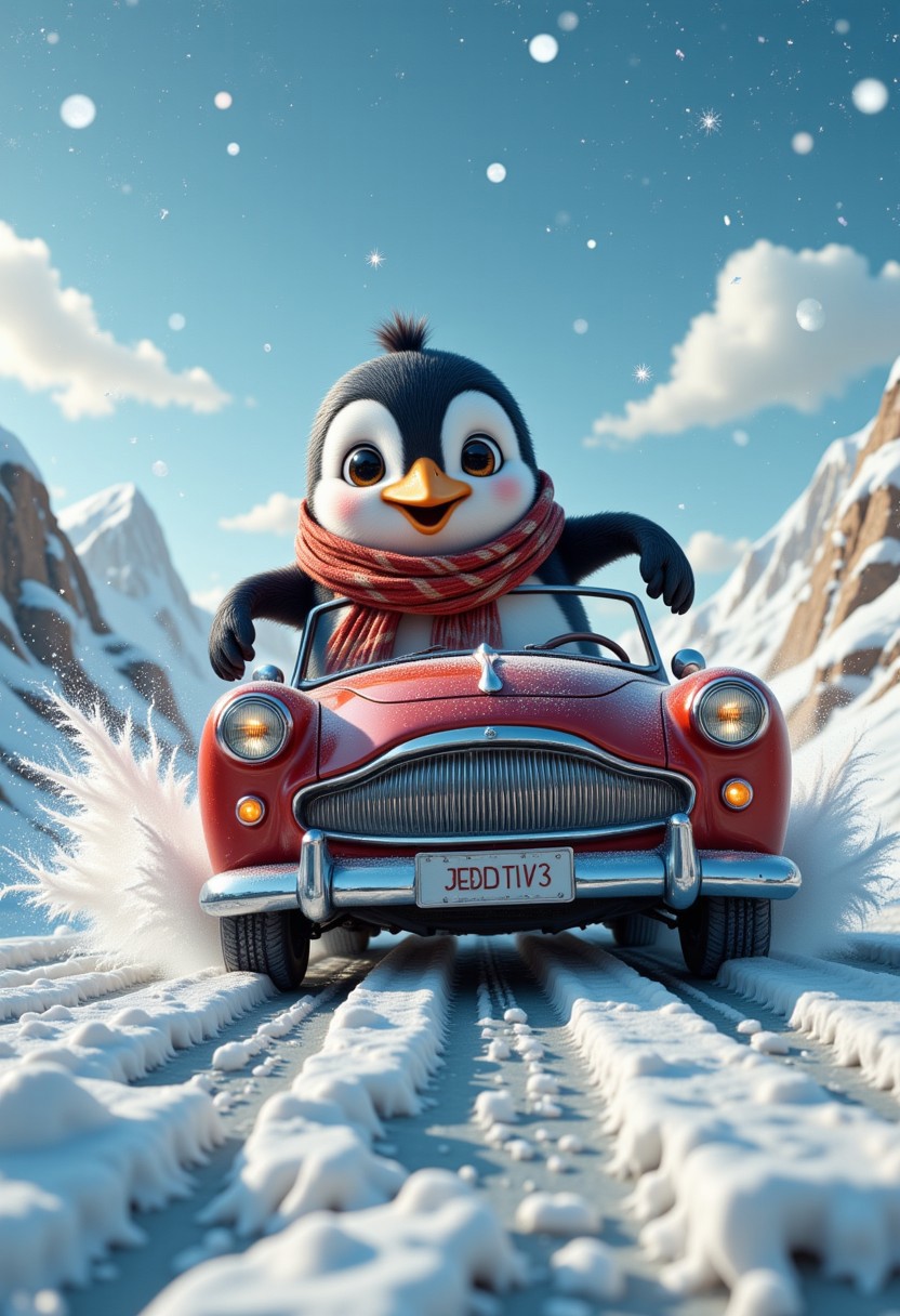 Jeddtlv3, A penguin in a convertible, zooming down an icy road with snowflakes flying everywhere, wearing a scarf and looking super cool