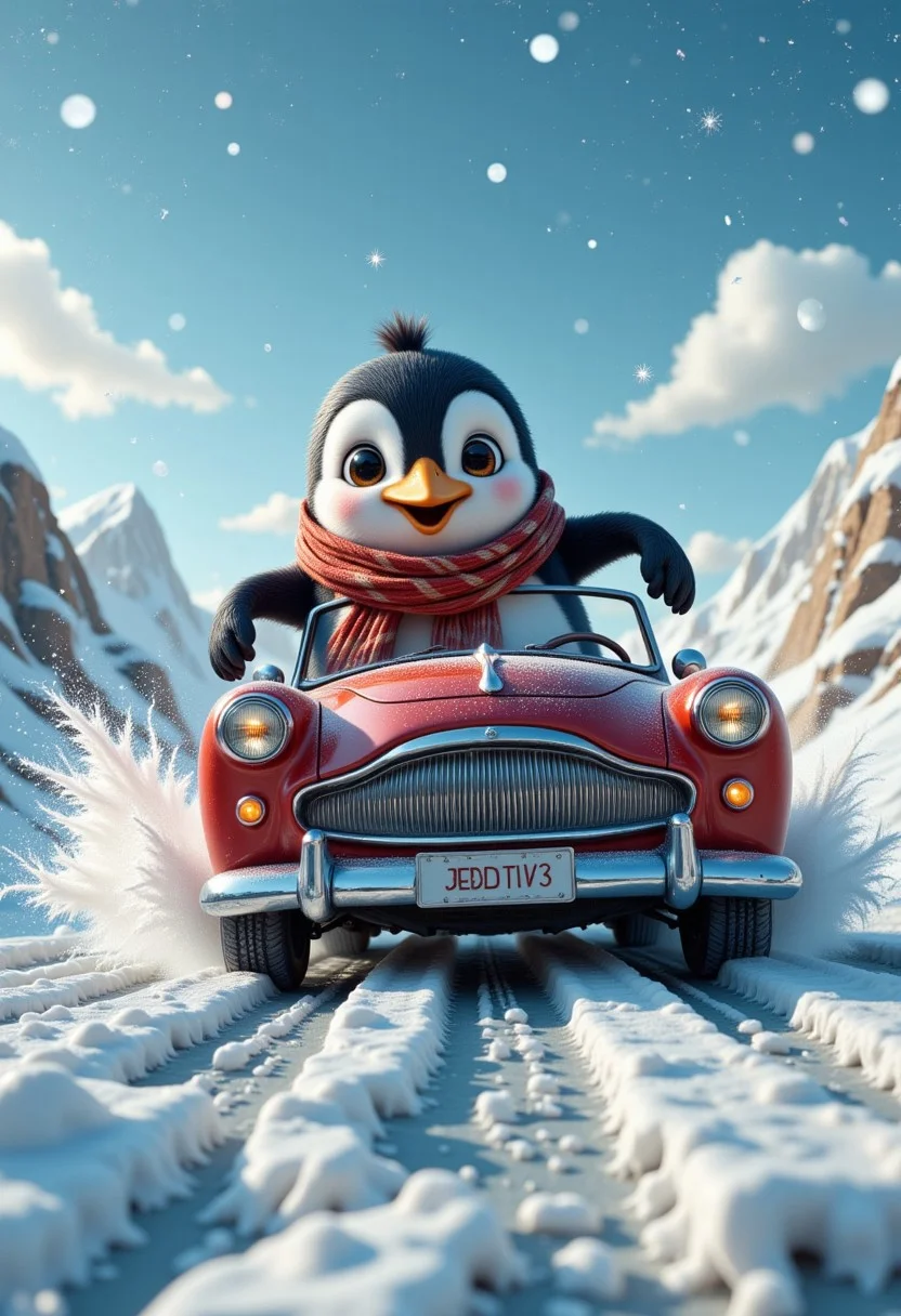 Jeddtlv3, A penguin in a convertible, zooming down an icy road with snowflakes flying everywhere, wearing a scarf and looking super cool