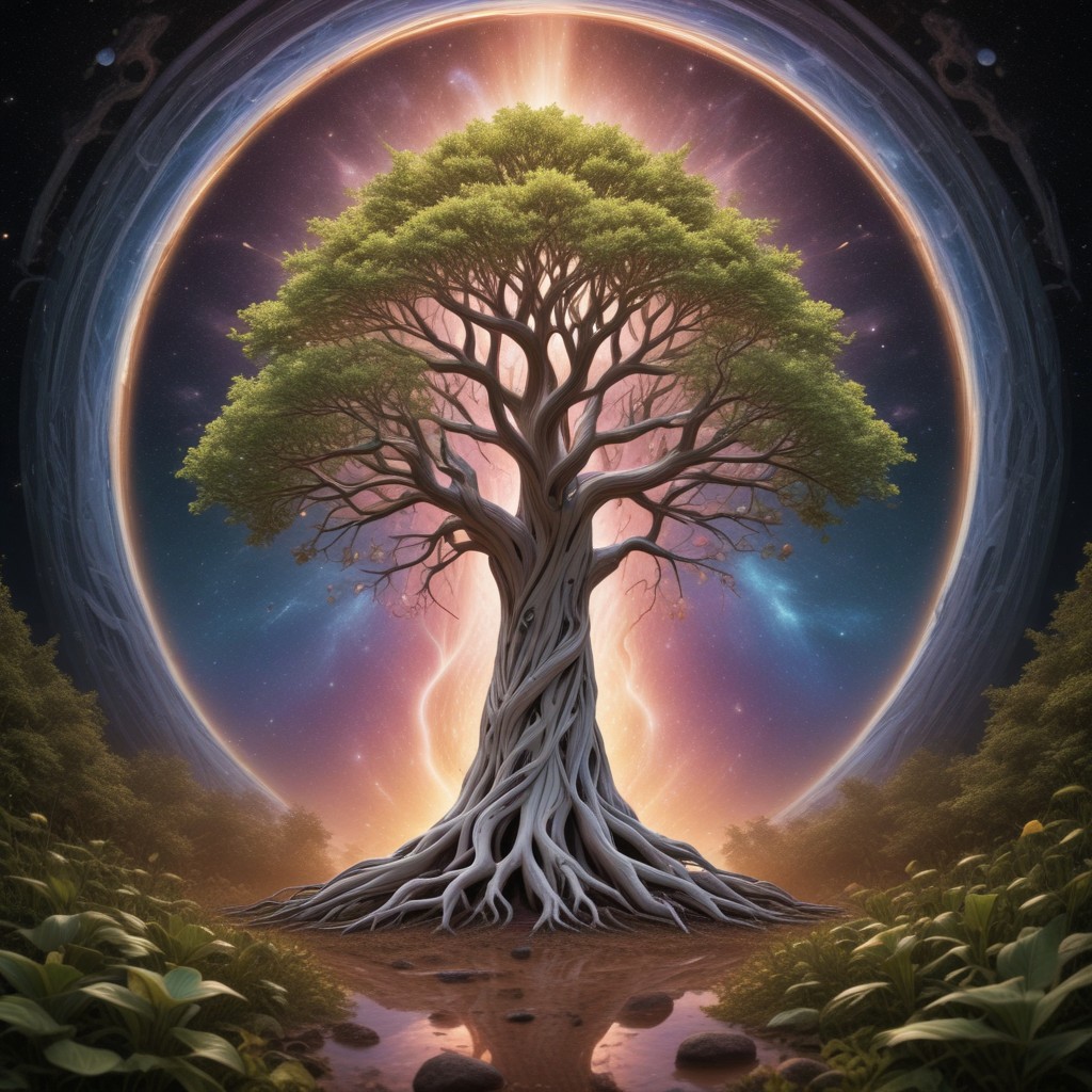 white huge tree grows from the black hole in the center of galaxy, fluorescent leaves, white glowing bark, alien colorful planets grow on branches of the tree, life energy flows through the roots of the tree, space, cosmic scenery, clouds of cosmic dust around, black background, hyperrealistic, photorealistic, atmospheric scene, depth of field, 8k quality, extreme detailed, colorful, award-winning masterpiece, abstract beauty