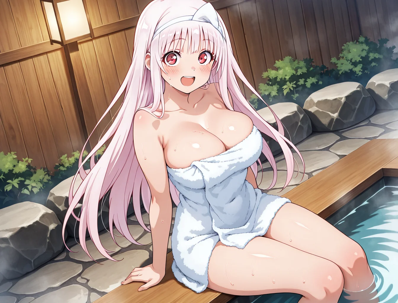 (masterpiece) ,best quality,amazing quality,very aesthetic,absurdres,newest, highres, anime style, BREAK Yuuna_Yunohana, bath towel, hot spring, sitting