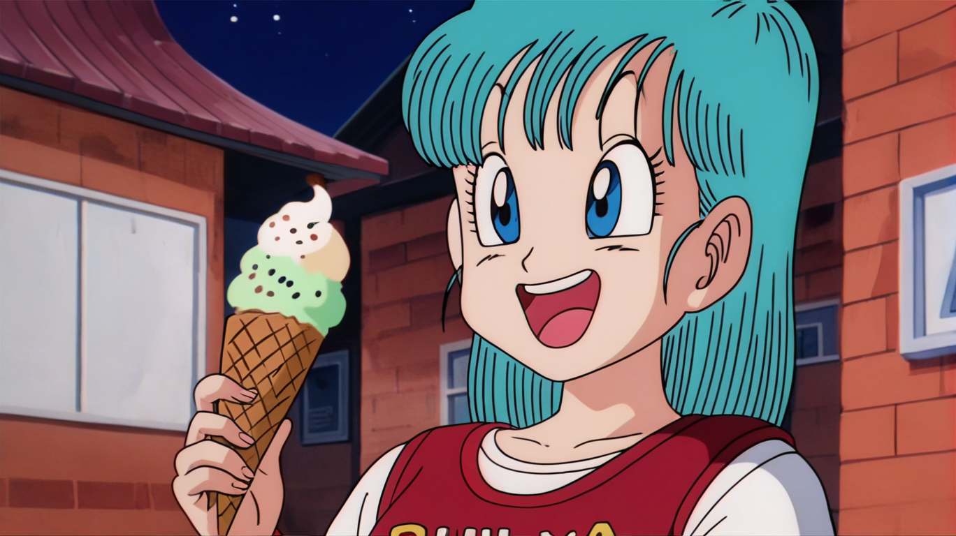 source_anime, score_9, score_8_up, score_7_up, anime screencap, absurdres,
bulma \(dragonball\), 1980s \(style\), retro artstyle, 21st, 1girl, brick wall, solo, blush, short hair, open mouth, night, print vest, orange skirt, red vest, vest over shirt, character name, holding ice cream, happy, upper body, english text, building, outdoors, aqua hair, upper teeth, tongue, white shirt, short sleeves, raised eyebrows, eyebrows, eyelashes
 <lora:DB_Bulma_v1:0.8>