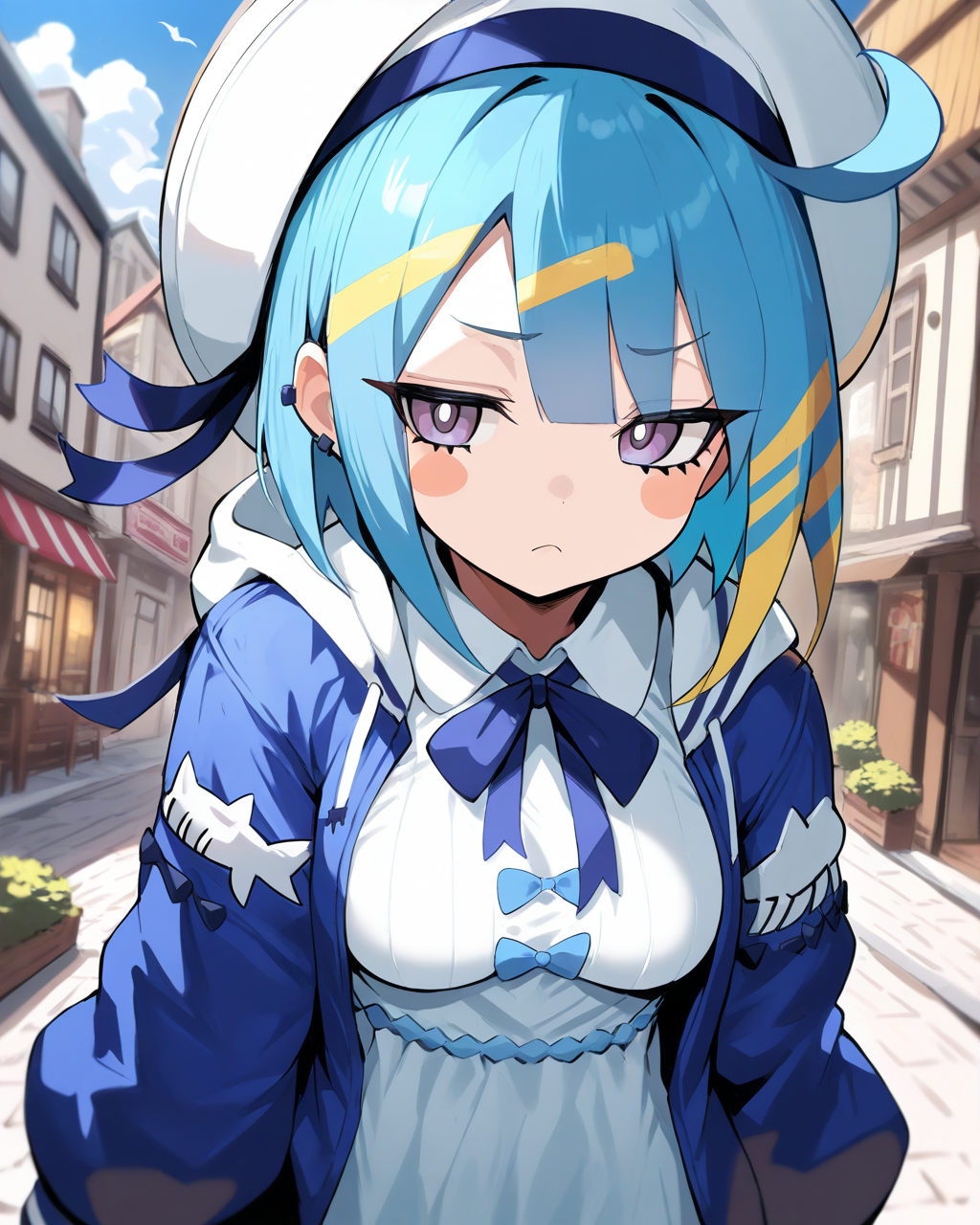 1girl,
LiveTwinLil-laYu-Gi-Oh,
sensitive, solo, dynamic angle, upper body, chibi,
looking viewer, blush stickers, frown,
dating,
sailor hat, hat ribbon, 
hooded jacket, neck ribbon, puffy sleeves,
collared dress,
breasts,
town,
depth of field,
<lora:kp_LiveTwinLil-laYu-Gi-OhAnimagineXL_v1_1:1.0>,
masterpiece, high score, great score, absurdres