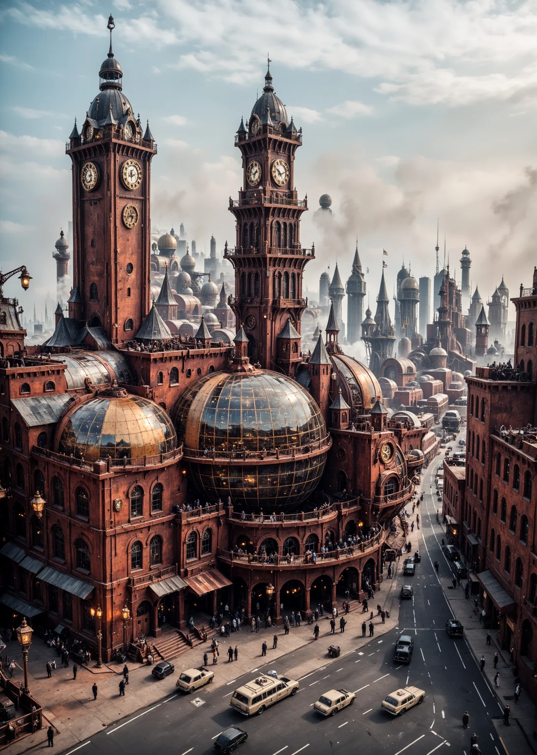 depicting a sprawling, fantastical cityscape with a steampunk aesthetic. The layout is a wide panoramic view showcasing a dense array of intricately designed buildings with pointed spires, domes, and elaborate architectural details. The structures are predominantly dark with hints of blue and bronze, creating a moody atmosphere. In the sky, several airships float among the clouds, adding to the steampunk theme. The city is bathed in a soft, diffused light, suggesting either dawn or dusk, with a warm glow emanating from windows and streetlights. Smoke rises from chimneys, contributing to the industrial feel. The foreground features a large, ornate dome with intricate patterns, while the background reveals a vast city stretching into the distance, with towering buildings silhouetted against the sky. The overall scene is rich in detail, evoking a sense of wonder and adventure.<lora:lora\zavy-cntrst-sdxl.safetensors:1.0:1.0><lora:lora\xl_more_art-full_v1.safetensors:1.0:1.0><lora:lora\Add_more_details_V2_XLpony.safetensors:1.0:1.0><lora:lora\sdxl_enhance.safetensors:1.0:1.0>