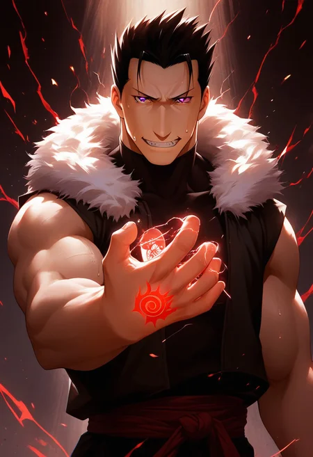 score_9, score_8_up, score_7_up, score_6_up, perfect anatomy, perfect proportions, best quality, masterpiece, high_resolution, high quality, aesthetic, absurdres, (male focus), solo male, source_anime, anime coloring, Greed, GreedFMAPony, black hair, short hair, purple eyes, (sanpaku, small pupils, thin eyebrows:1.5), sleeveless, black turtleneck undershirt, black vest, white fur trim, black pants, adult, mature, masculine, manly, handsome, charming, alluring, standing, portrait, headshot, close-up, from front, dutch angle, dark background, dark atmosphere, look at viewer, (one arm raised over face, show arm), sleeves rolled up, BREAK ouroboros homunculus red hand tattoo \(Fullmetal Alchemist\), glow tattoo, red lightning, red glow, electrokinesis, command spell, perfect lighting, cinematic, dynamic angle, sweat drop, fighting stance, serious, angry, mad, smirk, sharp teeth