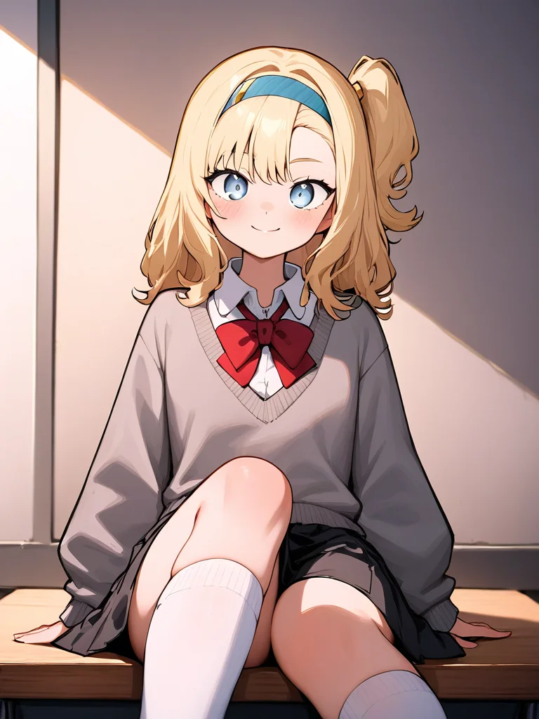 ,1girl,solo,black skirt,collared shirt,grey sweater,kneehighs,matilda\(reverse\),red bow,red bowtie,school uniform,smile,white socks,looking at viewer,<lora:madilda-000006:1>, masterpiece, best quality, very aesthetic, absurdres