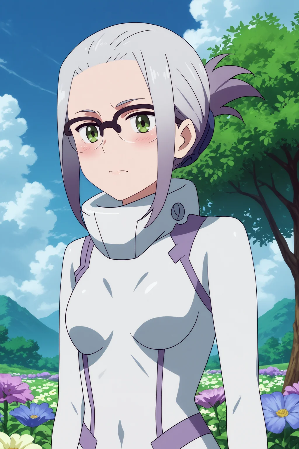 ikuno,1girl,solo,glasses,grey hair,short hair,bodysuit,white bodysuit,folded ponytail,upper body,looking_at_viewer BREAK outdoors,blue sky,cloudy_sky,purple flower,flower field,tree <lora:Ikuno_-_Darling_in_the_franxx.safetensors:0.8> <lora:detailed_backgrounds_v2.safetensors:0.5>