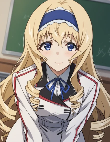 score_9, score_8_up, score_7_up, source_anime,
ceciliaalcott, <lora:cecilia-alcott-s2-ponyxl-lora-nochekaiser:1>,
cecilia alcott, long hair, blue eyes, blonde hair, hairband, drill hair, blue hairband,
school uniform, ribbon, blue ribbon, long sleeves, red trim, uniform, military uniform, white military uniform,
indoors, classroom, bent over, smile,
looking at viewer, cowboy shot, solo, dutch angle,