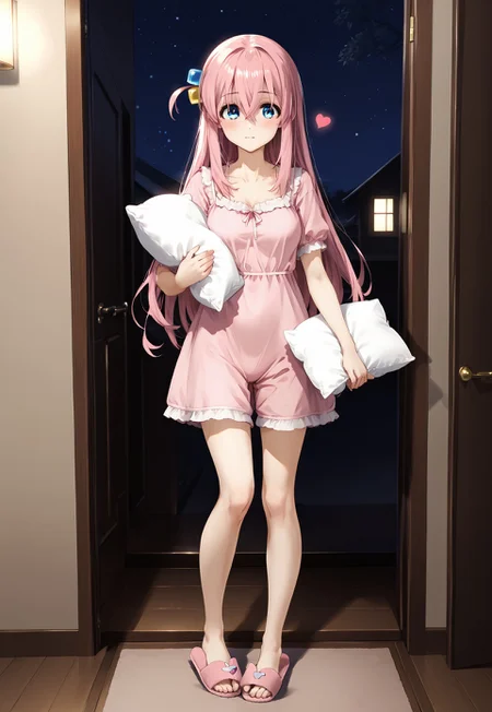 pink hair, long hair, hair between eyes, blue eyes, cube hair ornaments, gotoh hitori, standing near a door,holding pillow, night dress, shorts, home slippers, japanese home slippers, Uwabaki, beautiful heart shinny dress