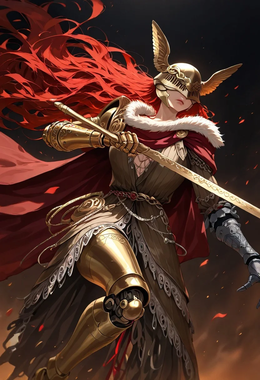masterpiece, best quality, newest, absurdres, highres, DPWSV1.0, dynamic pose, holding sword, holding, holding weapon, weapon, sword,
1girl, malenia blade of miquella, floating hair, red hair, long hair, prosthetic leg, armor, gold armor, winged helmet, armor, red cape, prosthetic arm, single mechanical arm,