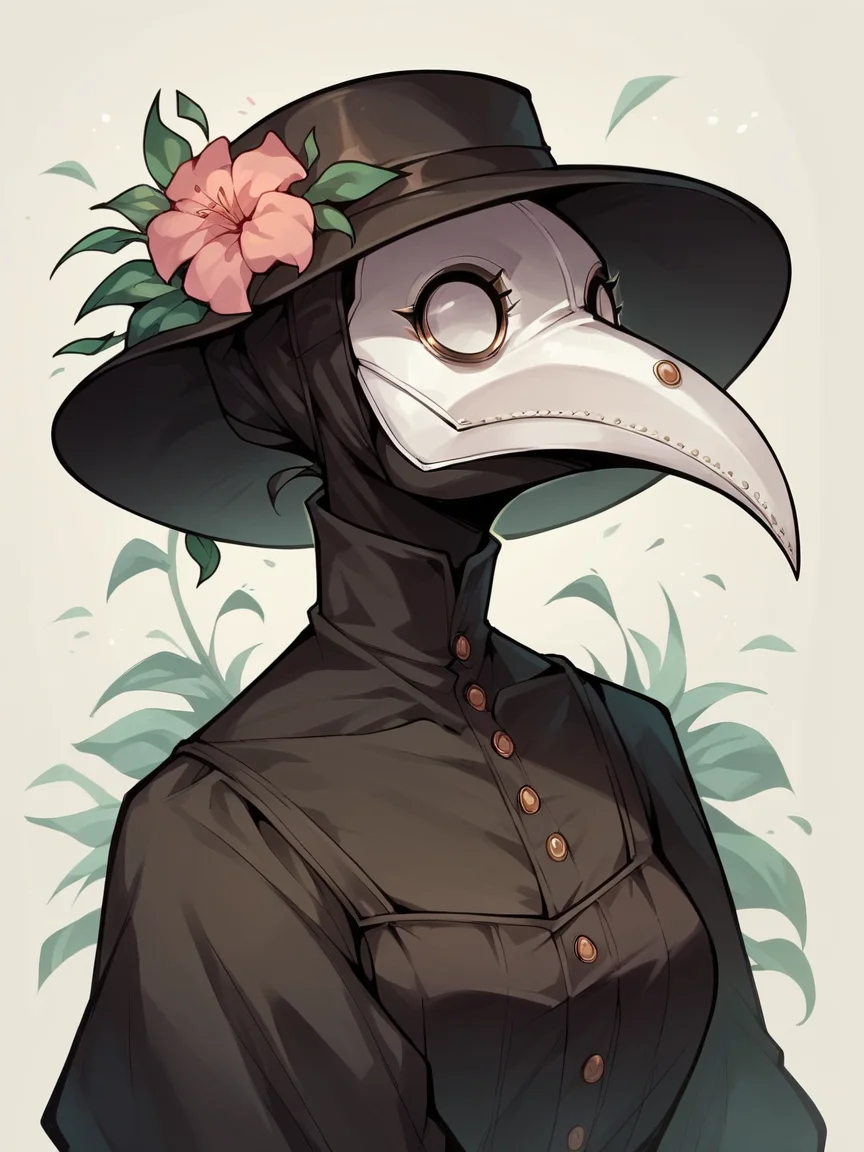 score_9, score_8_up, score_7_up, score_6_up, score_5_up,   <lora:PlagueDoctorXLP:1> plague doctor, mask, hat, solo, gloves, dress, 1girl, portrait, flower,