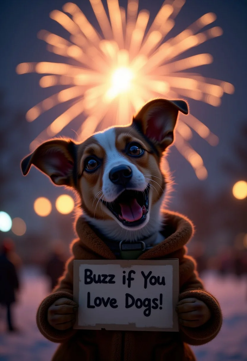 A cute dog, watching some fireworks with an over the top shocked facial expression, holding a sign it says "Buzz If You Love Dogs!", realistic, cinematic shot, head tilted back, large eyes, pointing at the viewer, winter,