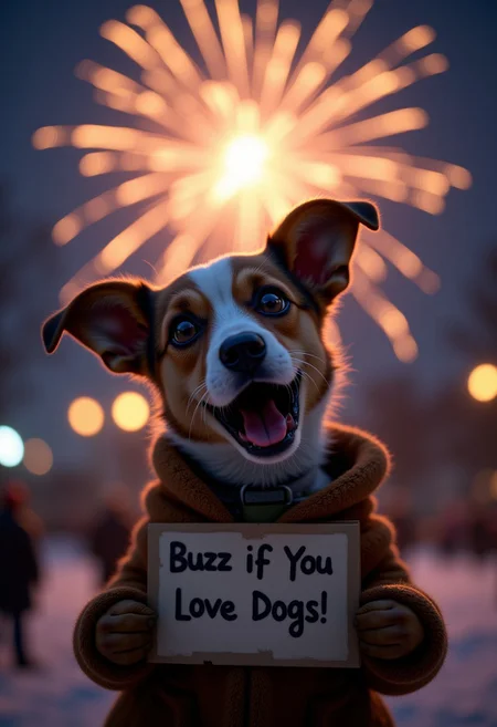 A cute dog, watching some fireworks with an over the top shocked facial expression, holding a sign it says "Buzz If You Love Dogs!", realistic, cinematic shot, head tilted back, large eyes, pointing at the viewer, winter,