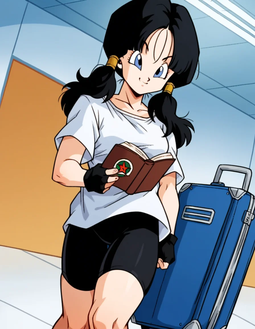 score_9, score_8_up, score_7_up, source_anime, <lora:dbz-videl-anime-ponyxl-lora-nochekaiser:1>, videl, black hair, blue eyes, eyelashes, parted bangs, twintails, medium breasts,, bike shorts, black gloves, black legwear, collarbone, fingerless gloves, gloves, shirt, short sleeves, white shirt,, airport, waiting area, suitcase, flight delayed, passengers, reading book, smile, looking at viewer, solo,, cowboy shot, dutch angle