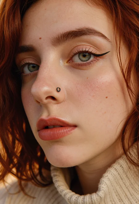 A close-up shot shows a woman with fair skin and reddish-brown curly hair. Her eyes are light green and she has dark eyeliner on her upper eyelids. A silver circular barbell piercing is visible in her left nostril. Her lips are full and appear to have a slight gloss. The lighting in the image is warm and appears to be coming from the left side, casting shadows on the right side of her face and hair. She is wearing a cream-colored textured sweater.