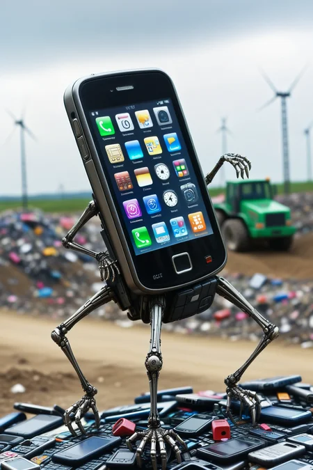 (a cellphone with spindly legs running away from a landfill site:1.4),bulldozer working in the background,inspired by the whimsical and macabre style of Mab Graves,<lora:luxart:0.7>,<lora:Cell_Phones_-_World_Morph:0.8>,C3LLPH0N3S,made of smartphones,