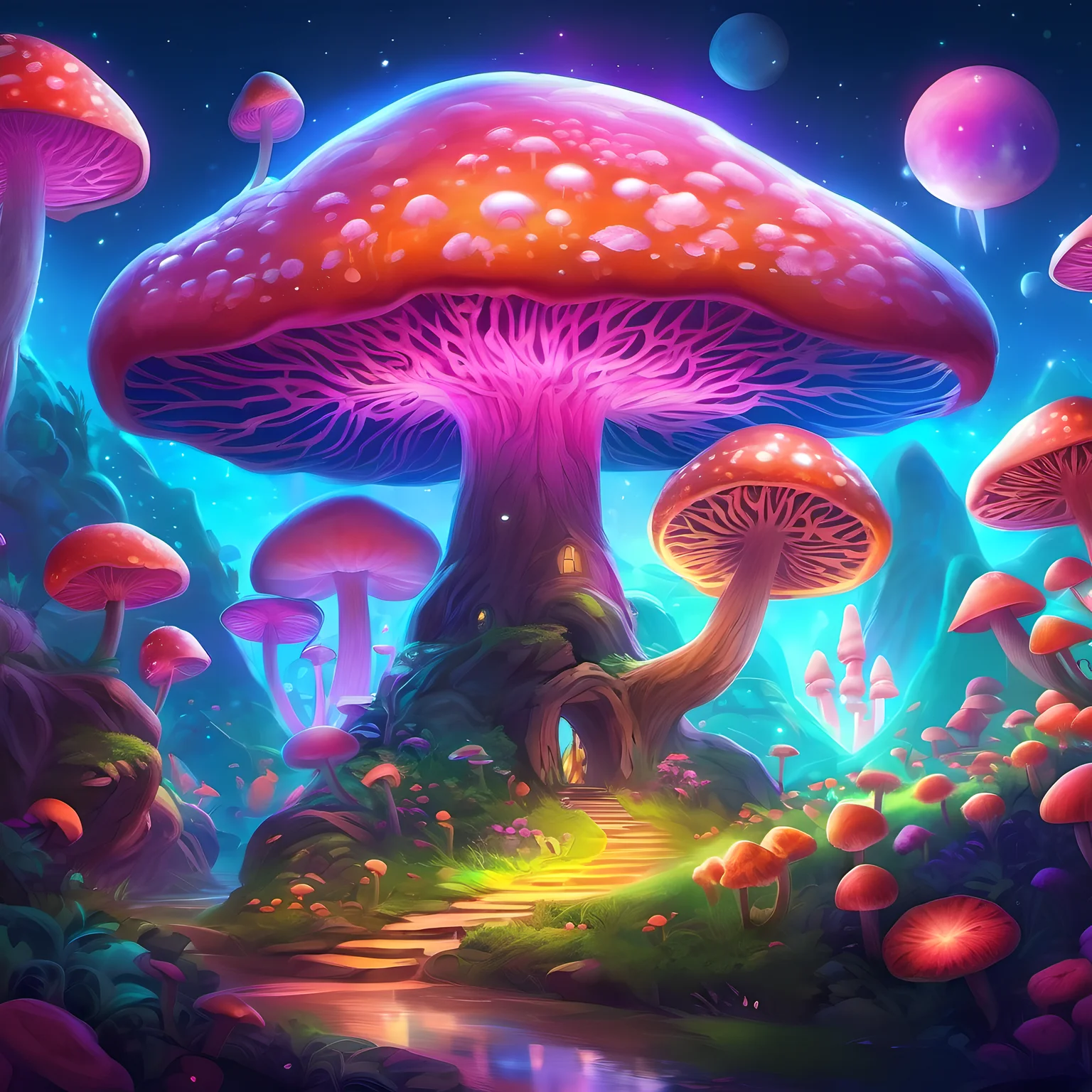 ethereal fantasy concept art of (psychedelic:1.3), mushrooms, marshmallow, vibrant color, fluorescent color, 8k, hdr, . magnificent, celestial, ethereal, painterly, epic, majestic, magical, fantasy art, cover art, dreamy