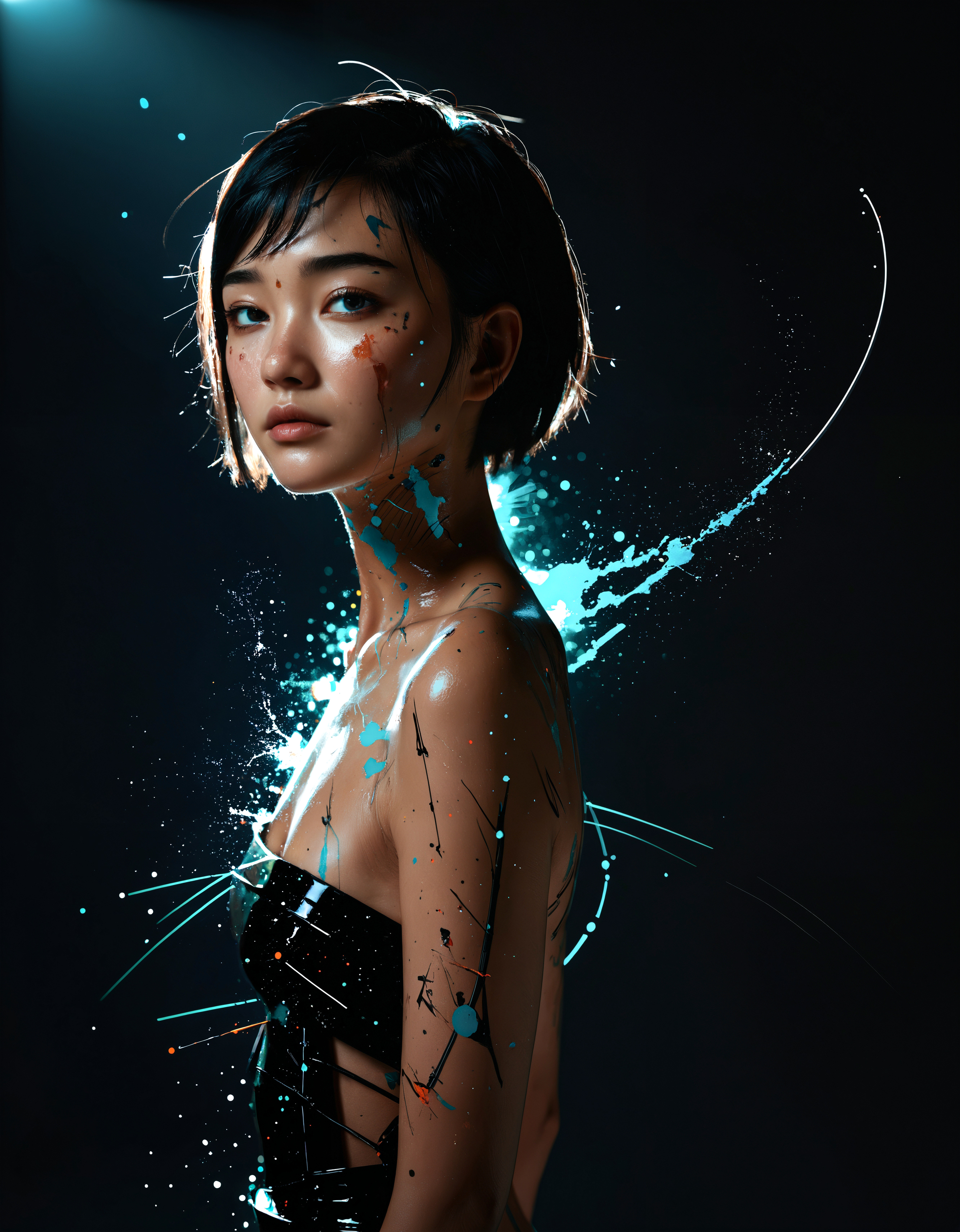 zavy-splsh, paint splash, paint splatters, full body portrait of a beautiful young Mongolian lady, short hair, (sci-fi:1.2), masterpiece, intense shadows, ambient light, illustration, (thick outlines:1.2),