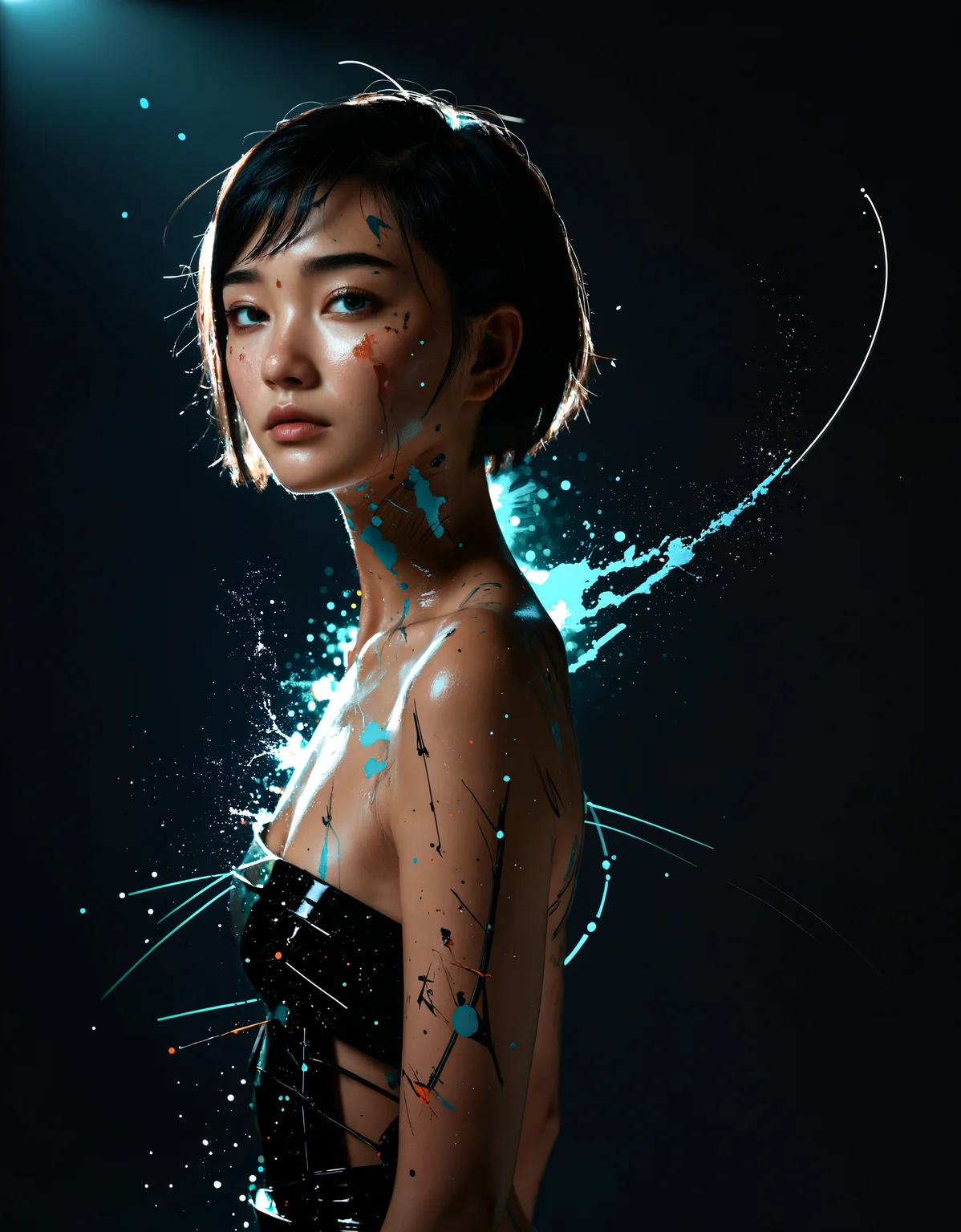 zavy-splsh, paint splash, paint splatters, full body portrait of a beautiful young Mongolian lady, short hair, (sci-fi:1.2), masterpiece, intense shadows, ambient light, illustration, (thick outlines:1.2),