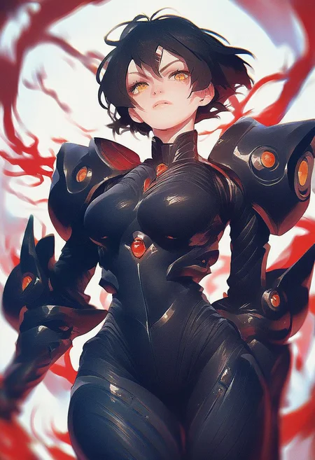 score_9, score_8_up, score_7_up, score_6_up, score_5_up, score_4_up, source_anime, beautiful female hero wearing armored and padded bodysuit, short black hair and amber eyes in a black suit, living clothes, in an evil laboratory