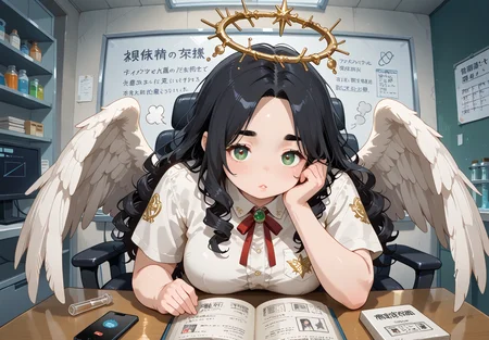 IllusP0s, PonyScores7, source_anime, ah1, IllustriousQual, interesting, exciting, spectacular, wonderful,
BREAK <lora:xl_more_art-full_v1:0.2>, <lora:aesthetic_anime_v1s:0.2>, <lora:EpicF4nta5yXL:0.2>, <lora:detailxl:0.2>, detailxl, <lora:Fant5yP0ny:0.2>, amazing quality, best aesthetic, absurdres, illustration, Volumetric_Lighting, ultra-detailed, very aesthetic, intricate details, best_quality
BREAK ((A woman holds a vial of shimmering liquid and pours it onto the ground, where it spreads into a pool of luminescent goo that engulfs and immobilizes anything it touches)),
BREAK Stable_Yogis_PDXL_Positives, AS-Adult, <lora:Complicated fantasy portrait - XL Pony V2.0:0.2>, bad-hands-5, <lora:HDA_Detailer:0.3>, <lora:natsumi_style:0.5>, <lora:by_usakun-pony:0.4>, by usakun, <lora:Akina_Bbw_Style_-_PonyXL:0.2>, AkinBw, ((Time-Lapse)),
BREAK 1girl, mature female, (curvy), round-chin, caucasian, <lora:ETO_OC_Illustrius:0.5>, eto_oc, skindentation, (plump), thick thighs, wide hips, busty, voluptuous, <lora:venus body PonyXL:0.3>, <lora:shinyskin2:0.2>, glistening skin, HDA_FatGirlXL,
BREAK ((<lora:Angel_Outfits:0.8>, Angel Concept, angel wing, angel outfits, featherd wings)),
BREAK (curly hair), long hair, (black hair:1.4), (parted hair:1.7), messy hair, kinky curls, <lora:hairdetailpxl:0.2>, hairdetailpxl,
BREAK (half green and brown eyes), (colorful eyes), (multicolored eyes), (downturned eyes:1.4), <lora:expressive eyes:0.2>, expressive eyes, <lora:eyedetailpxl:0.2>, eyedetailpxl, <lora:Eyes_High_Definition:0.2>, EyesHD, (round face:1.2), (thick eyebrows:1.3), (plump face), <lora:Round_face:0.2>, lips,
BREAK ((Sigh expression)), <lora:Expressive_H:0.2>, Expressiveh, <lora:Emotional_Anime_Expressions_PonyXL_Concept:0.2>, emotional, <lora:Best_Facial_Expression_LoRA_PONY:0.2>, looking at viewer, <lora:Detailed expressive EXEV style -XL Pony V1.0:0.2>, FaceDetail,
BREAK (((Operating Room, Surgeon Station, Organized workstation with a computer monitor displaying patient records, ergonomic chair for comfortable seating, shelves filled with medical reference books, a whiteboard for surgical planning, a phone for communication with the surgical team))), <lora:Background Detailer - SDXL:0.8>, 4k, 8k, Ultra HD, Masterpiece, Best quality, Detailed background, <lora:Add_more_details_V2_XLpony:0.4> full_details,