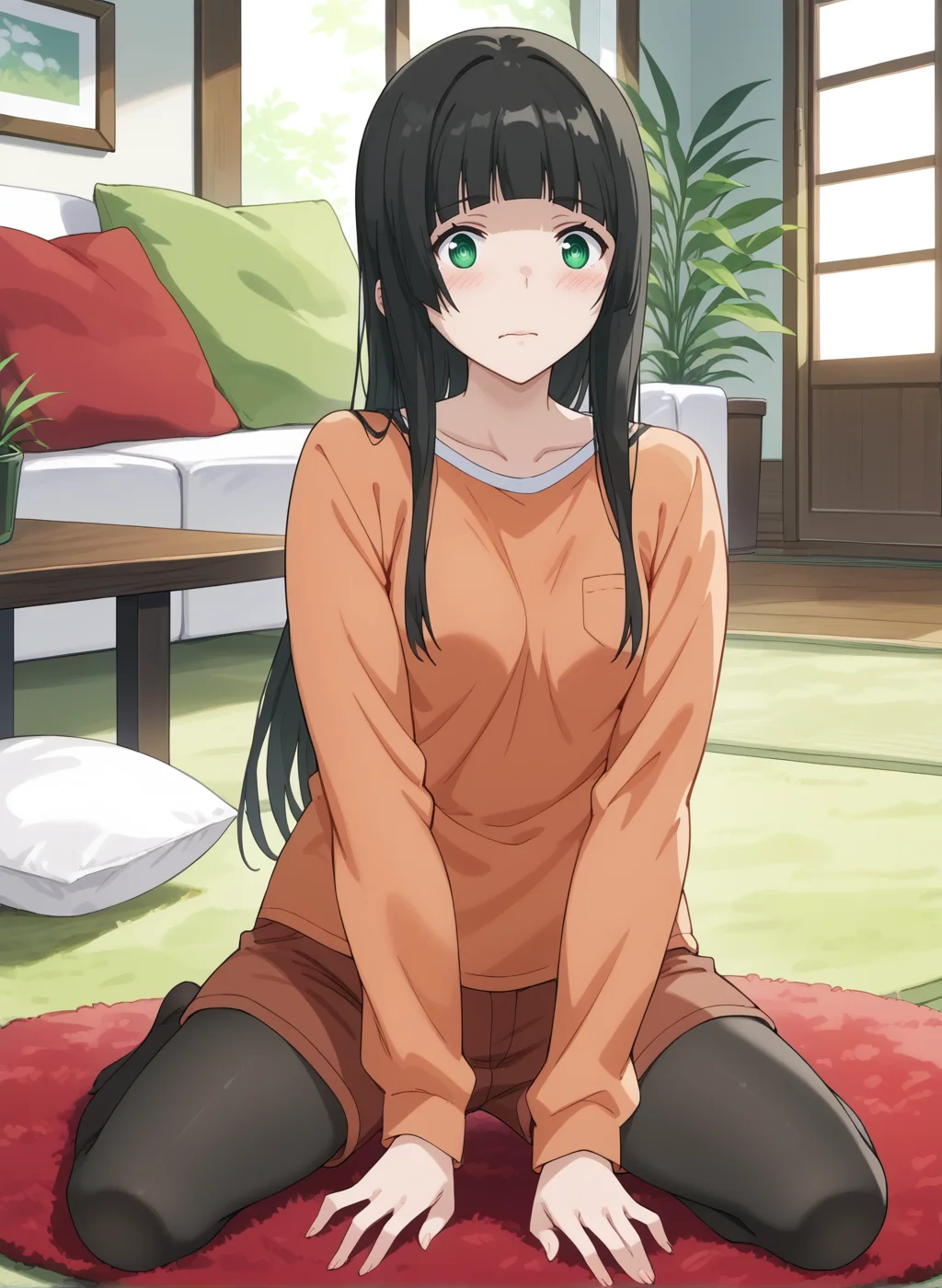 (score_9,score_8_up,score_7_up,source_anime,anime,nsfw,rating_explicit,uncensored),(High quality, Ultra detailed, best quality, insanely detailed, beautiful, masterpiece,perfect lighting) BREAK <lora:kowata_makoto_V1:1>,(kowata_makoto, long hair, black hair, green eyes, small breasts,brown shorts,black pantyhose,shirt,long sleeves,hime cut,orange shirt),1girl,solo,embarrass,kneeling,indoors,cushion,carpet,front view,,looking_at_viewer,