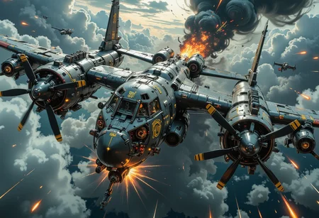 A hyper-detailed, wide-view, high-angle shot captures a breathtaking futuristic sci-fi cinematic scene, 3/4 front view of. The plane is hit, it is on fire, smoke and fire are coming out of the fuselage. The dramatic storm-laden sky forms the backdrop, with swirling, dark clouds illuminated by streaks of lightning. Below, a colossal, double-body heavy aircraft dominates the scene, its immense silhouette cutting effortlessly through the tempestuous atmosphere. The plane, a fusion of grimdark aesthetics and futuristic design, boasts twin propellers on each body’s front, their spinning arcs carving through the storm. Forged from dark gunmetal alloy, the twin fuselages glisten faintly under the sporadic flashes of lightning, their surfaces adorned with intricate golden runes and glowing cybernetic lines that pulsate with ethereal energy. Massive wings, equipped with engines and weaponry, stretch outward, embodying power and mechanical precision. The high-angle perspective highlights the aircraft’s imposing size and intricate mechanical details. Guns protrude from reinforced turrets, their presence adding a menacing tone to the scene. The stormy expanse, layered with cinematic lighting and rich atmospheric depth, emphasizes the lonely journey of this grim mechanical behemoth. Rendered in ultra-realistic 32k resolution, this masterful digital artwork blends technological artistry with the haunting beauty of a storm-battered sky, evoking awe and wonder.