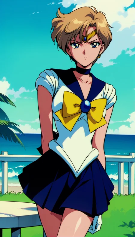 masterpiece,best quality,very aesthetic,absurdres,<lora:Sailor Uranus XL:0.9>,1990s \(style\),1girl,solo,Sailor Uranus XL,sailor senshi uniform,blue eyes,short hair,very short hair,tiara,1earrings,skirt,sailor collar,blue sailor collar,choker,blue skirt,blonde hair,bow,blue choker,yellow bow,white gloves,serious,sky,wind,cowboy shot,