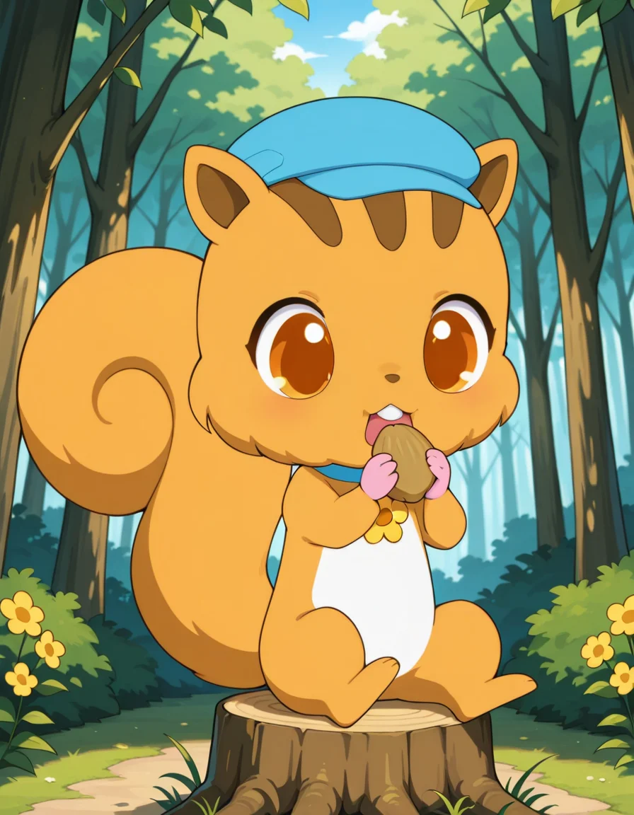 best quality, masterpiece, amazing quality, jptitana, chipmunk, squirrel, chibi, digitigrade, pink hands, 3 fingers, solo, male, orange body, orange fur, brown pattern on head, brown inner ears, brown nose, white stomach, blue choker with flower brooch, blue cap, big tail, no eyebrows, no eyelashes, orange eyes, looking down, holding almond, eating, buckteeth, sitting on stump, detailed background, forest, park, <lora:jp_Titana_Illustrious:1>