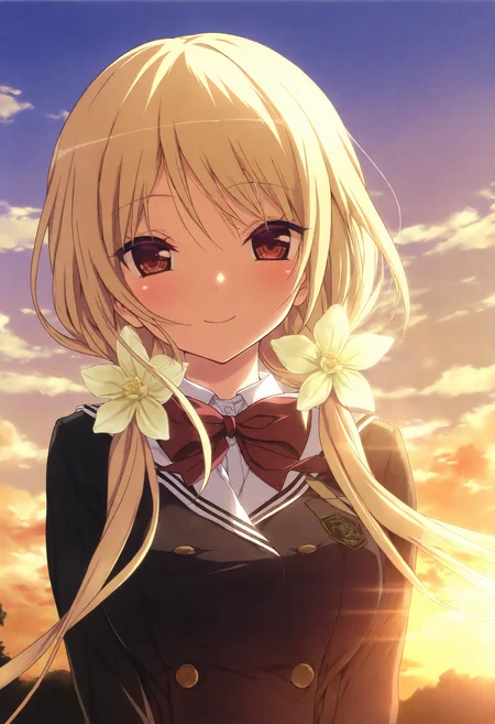 1girl, solo, smile, flower, hair ornament, long hair, hair flower, blonde hair, sunset, looking at viewer, blush, red eyes, brown eyes, upper body, sunlight, school uniform, ribbon, sky, twintails,
masterpiece,best quality,newest,absurdres,highres,very awa,<lora:koku1_noob1.1-000175:0.9>,
