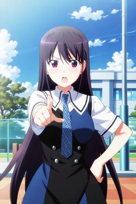 anime screenshot, anime coloring,sakaki yumiko, 1girl, solo, black hair, long hair, purple eyes, large breasts, school uniform, pinafore dress, black dress, blue dress, two-tone dress, short sleeves, white shirt, blue necktie, plaid necktie, looking at viewer, open mouth, hands on own hip, pointing, cowboy shot, outdoors, day, blue sky, masterpiece, best quality, high quality, highres, absurdres, <lora:sakaki_yumiko_ILXL:0.9>