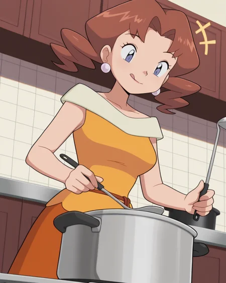masterpiece, best quality, amazing quality, 1girl, <lora:Caroline_Pokémon:1>, carolinepok, brown hair, twintails, blue eyes, ball earrings, caroldress, yellow dress, collarbone, string belt, orange skirt, medium skirt, looking down, looking at object, :q, ladle, holding ladle, cooking pot, holding cooking pot, +++, kitchen