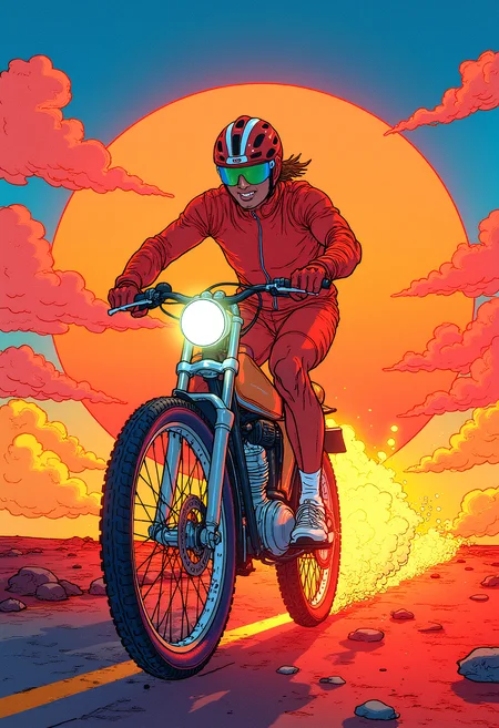 illustration, artwork, drawing, A 1980's sports riding into the sunset, colorful, vibrant glow