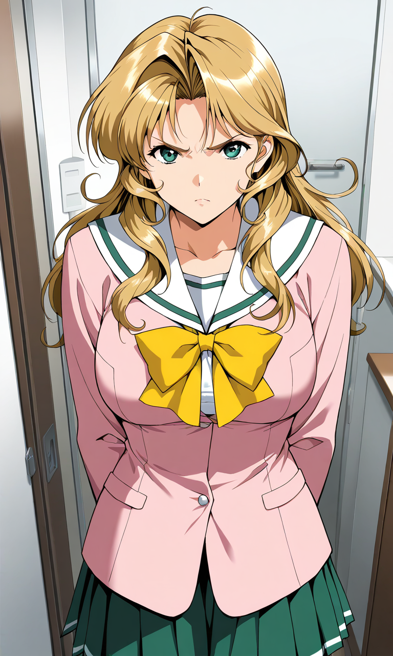 masterpiece, best quality, good quality, <lora:Maejima_Kaori_IS:1> 
Maejima_Kaori,1girl, long hair, blonde hair,green eyes, large breasts, pink jacket, Yellow bow, furrowed brow,ãfrown, glaring,
solo, school uniform, green skirt, serafuku, long sleeves, pleated skirt, bow, looking at viewer, shirt,
apartment house, room.