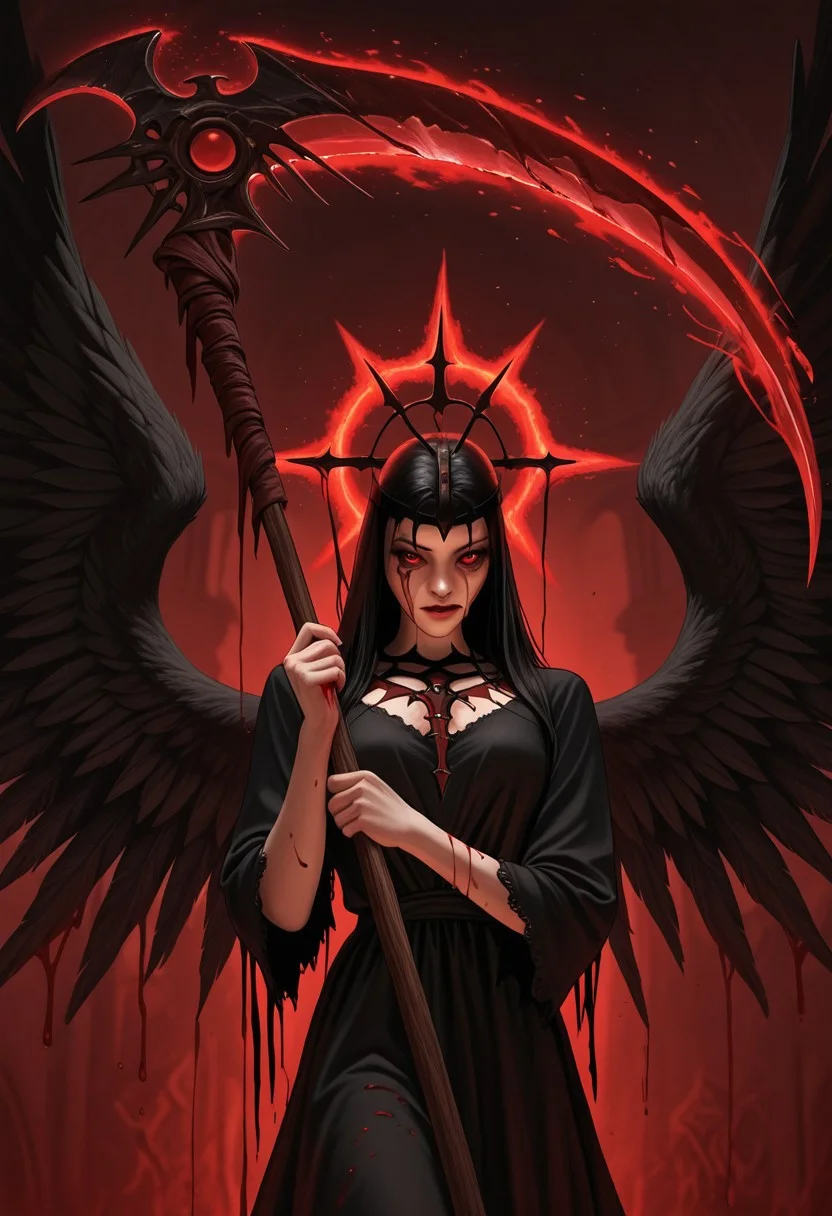 AMAZING QUALITY, MASTERPIECE, CARNEVIL, PORTRAIT, 1GIRL, ANGEL, BLACK WINGS, BLOOD, BLACK DRESS, HOLDING SCYTHE, RED MAGIC,
