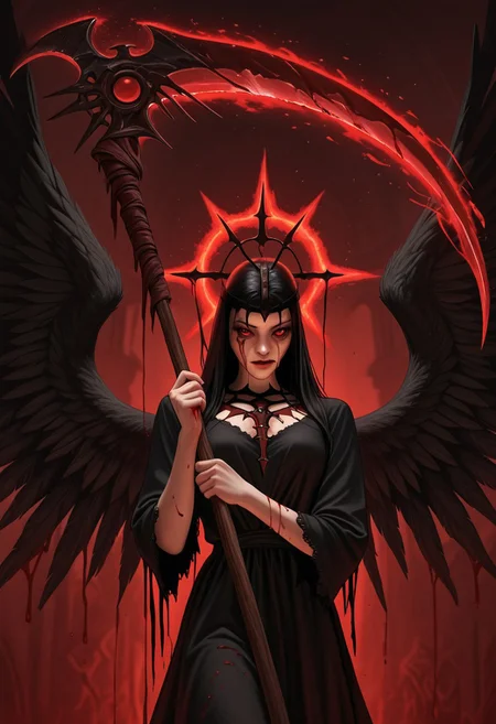 AMAZING QUALITY, MASTERPIECE, CARNEVIL, PORTRAIT, 1GIRL, ANGEL, BLACK WINGS, BLOOD, BLACK DRESS, HOLDING SCYTHE, RED MAGIC,