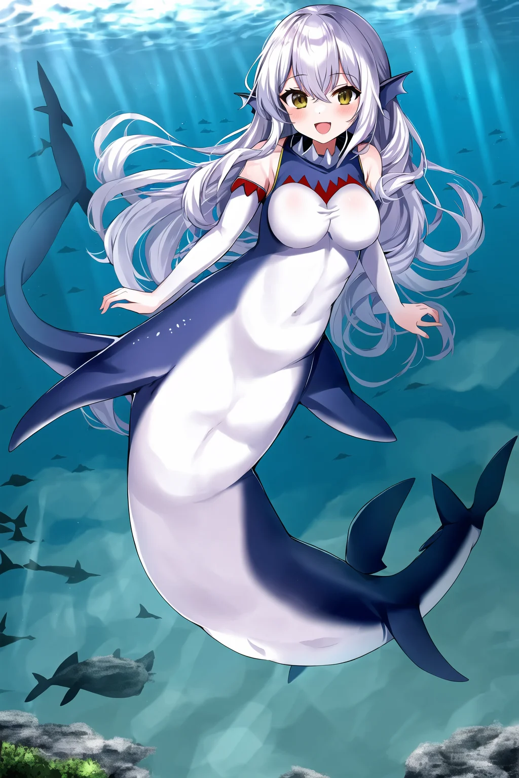 1girl,  shark girl, mershark, mermaid, fins, full body, smile,, masterpiece, best quality, masterpiece, <lora:AIOMonstergirlLoRA:1>