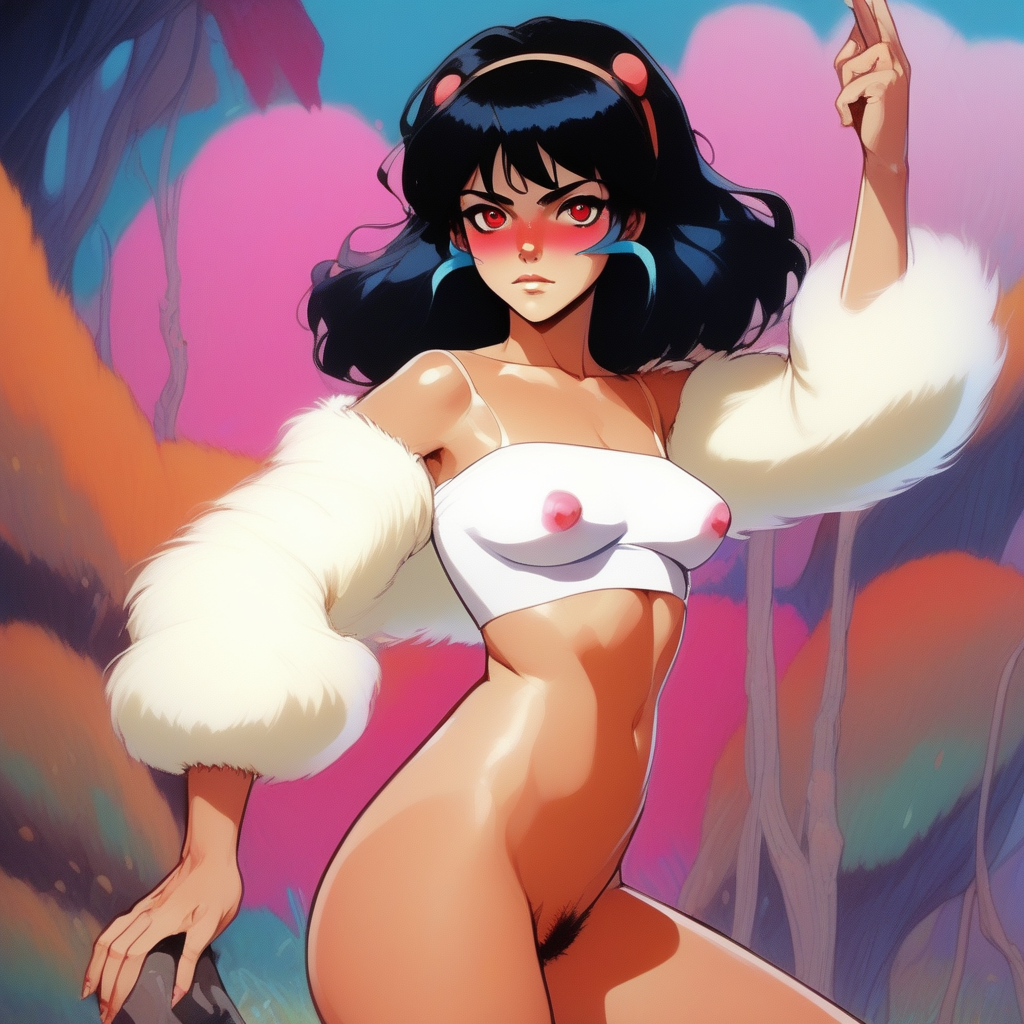 masterpiece, best quality, anime, illustration, Princess mononoke, playboy, 1960s, 1970s, Lots of Freckles, Wooly Nude petite tanned girl, freckles, black Hair in neon White fluffy, wooly leotard with Cotton/Fur Pantyhose, Long skirt, colorful bright vibrant Art nouveau Background, high quality