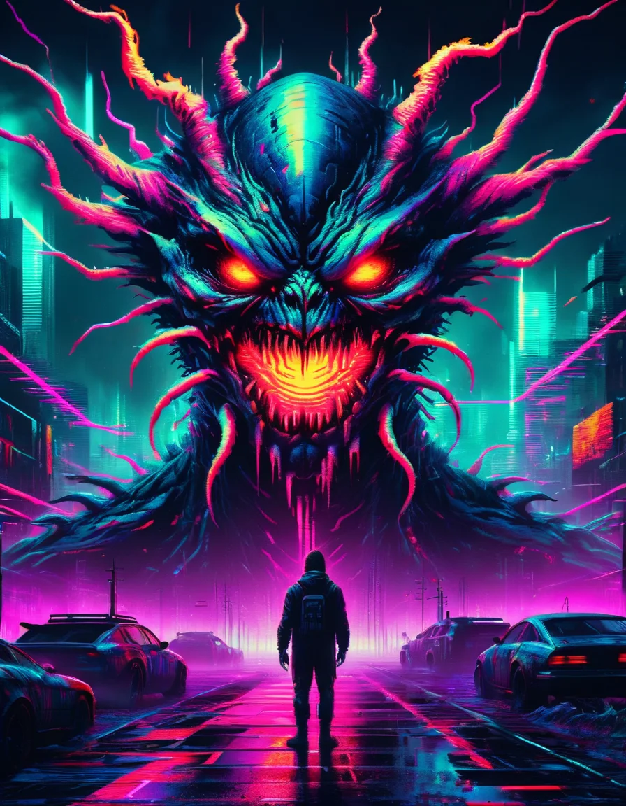 horror, sci-fi, and monster theme, chilling atmosphere with futuristic elements, monstrous creatures lurking in the neon-lit shadows, eerie sci-fi landscapes, glowing patterns adding an unsettling touch, digital art, high-energy atmosphere, intricate details, diverse neon hues, electrifying visuals, intense contrasts, spine-chilling scenes, high-resolution quality, ral-glydch <lora:ral-glydch-sdxl:1>