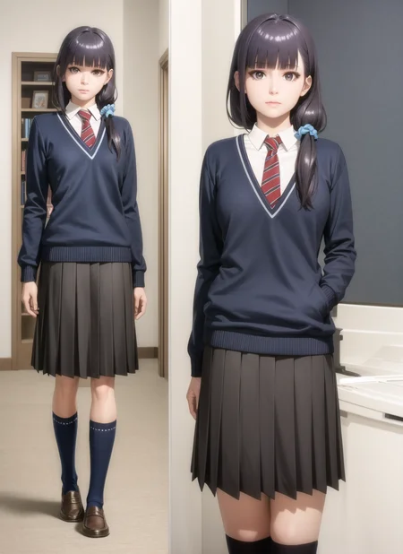 (realistic:1.5), 1girl, solo, <lora:gundou_misuzu-04:0.7>, gundou_misuzu, low ponytail, hair over shoulder, single sidelock, hair scrunchie, blue scrunchie, medium hair, hair strand, japanese, teen, looking at viewer, indoors, expressionless, shaded face, blue sweater, long sleeves, collared shirt, white shirt, necktie, black skirt, pleated skirt, medium skirt, kneehighs, black legwear, loafers, full body