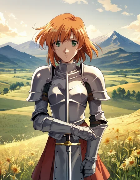 score_9, score_8_up, score_7_up, (yamane masahiro), adult woman, 1girl, knight, armor, skirt, freckles, orange hair, medium hair, green eyes, field, mountains, <lora:1_xl_yamane_masahiro_4e:1>