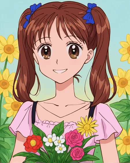 <lora:sana:1>sana kurata, 1girl, solo, brown hair, brown eyes, twintails, smile, dress, flower