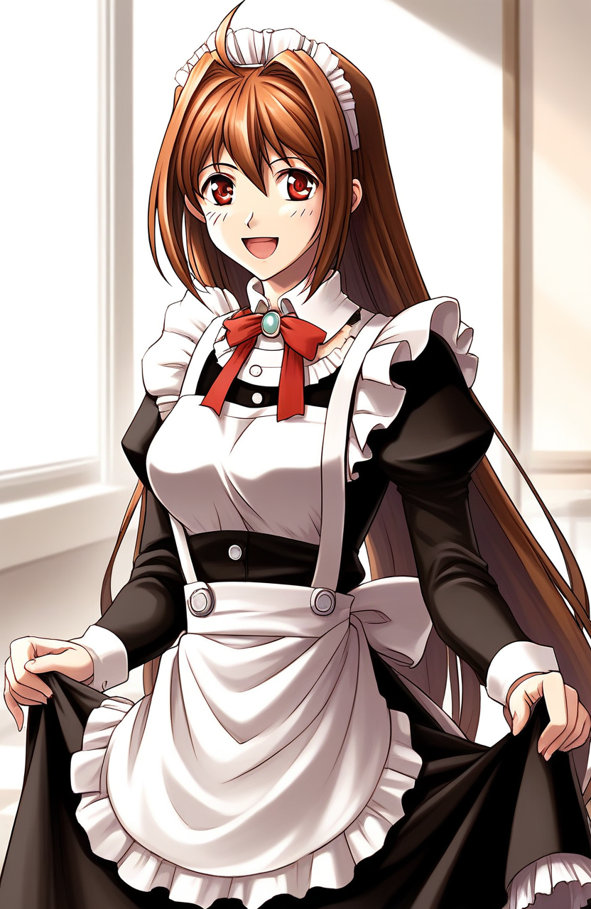 score_9, score_8_up, score_7_up, source_anime, rating_explicit, BREAKã <lora:Estelle_Bright_Retro_XL:1> Estelle_Bright, brown hair, long hair, red eyes, ahoge, brown eyes, very long hair, hair intakes,  medium breasts,
solo, maid, apron, long sleeves, smile, transparent background, looking at viewer, skirt hold, open mouth, ribbon
cafe, room, flooring,
looking at viewer, 
cowboy_Shot,