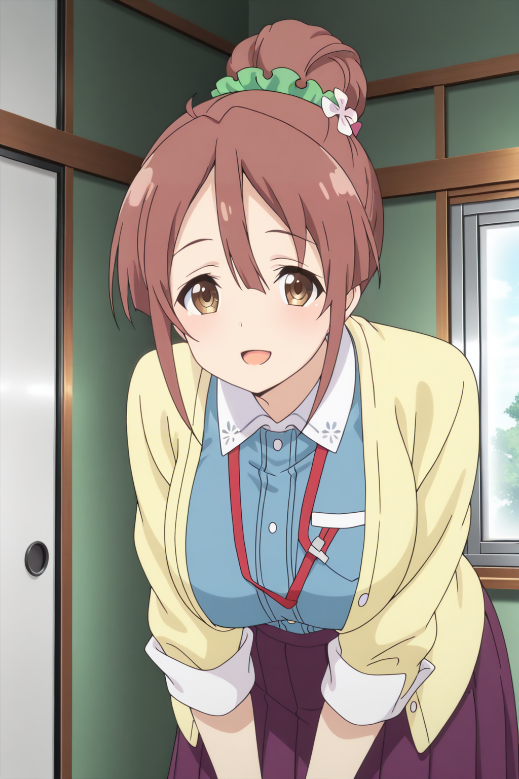 anime screenshot, 1girl, solo, shinomiya shiori, brown hair, single hair bun, green scrunchie, hair scrunchie, hair flower, brown eyes, large breasts, yellow cardigan, open cardigan, blue vest, white shirt, collared shirt, long sleeves, sleeves rolled up, purple skirt, pleated skirt, long skirt, lanyard, looking at viewer, smile, open mouth, own hands together, leaning forward, cowboy shot, indoors, masterpiece, best quality, high quality, highres, absurdres,  <lora:shinomiya_shiori_ILXL:0.9>