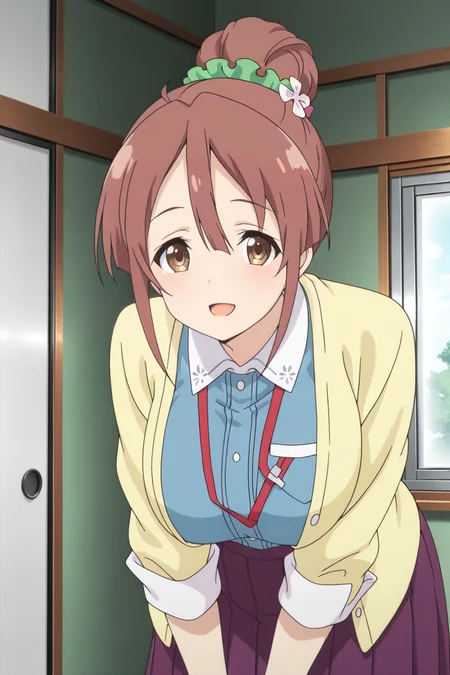anime screenshot, 1girl, solo, shinomiya shiori, brown hair, single hair bun, green scrunchie, hair scrunchie, hair flower, brown eyes, large breasts, yellow cardigan, open cardigan, blue vest, white shirt, collared shirt, long sleeves, sleeves rolled up, purple skirt, pleated skirt, long skirt, lanyard, looking at viewer, smile, open mouth, own hands together, leaning forward, cowboy shot, indoors, masterpiece, best quality, high quality, highres, absurdres, <lora:shinomiya_shiori_ILXL:0.9>
