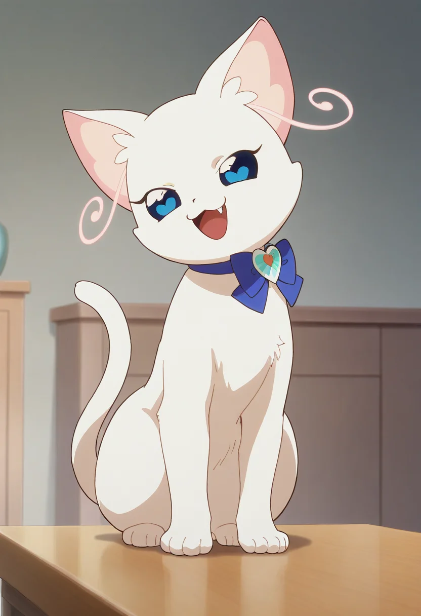 best quality, masterpiece, very aesthetic, yukicat, no humans, cat, blue eyes, solo, full body, cat tail, bowtie, white fur, heart-shaped pupils, furry, on table, indoors, happy, fang