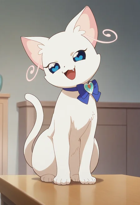 best quality, masterpiece, very aesthetic, yukicat, no humans, cat, blue eyes, solo, full body, cat tail, bowtie, white fur, heart-shaped pupils, furry, on table, indoors, happy, fang